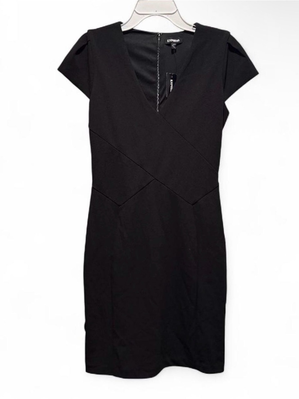 Express Black V-Neck Cap Sleeve Midi Sheath Dress